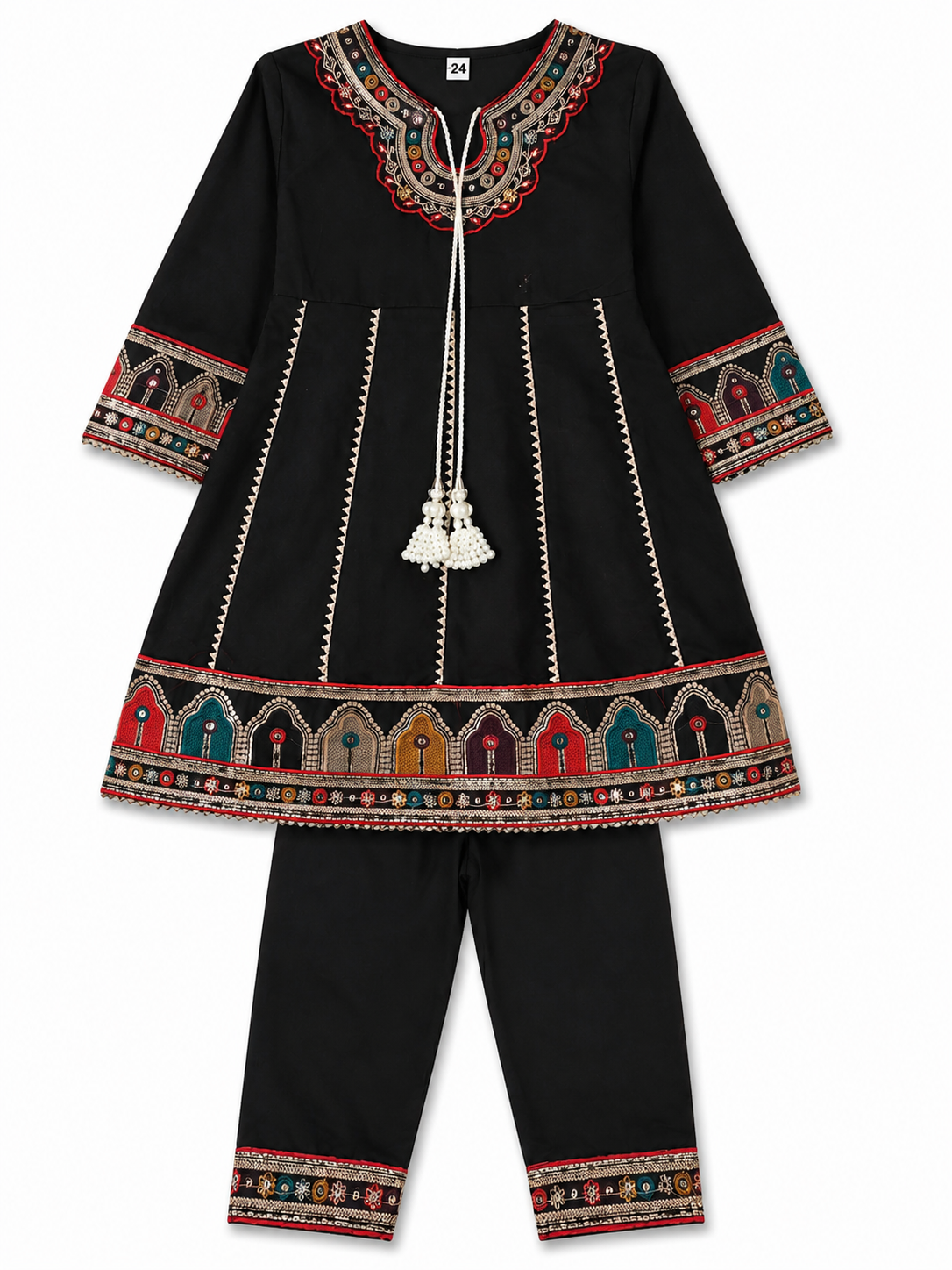 Girls Black Embroidered Traditional Frock & Trouser Set