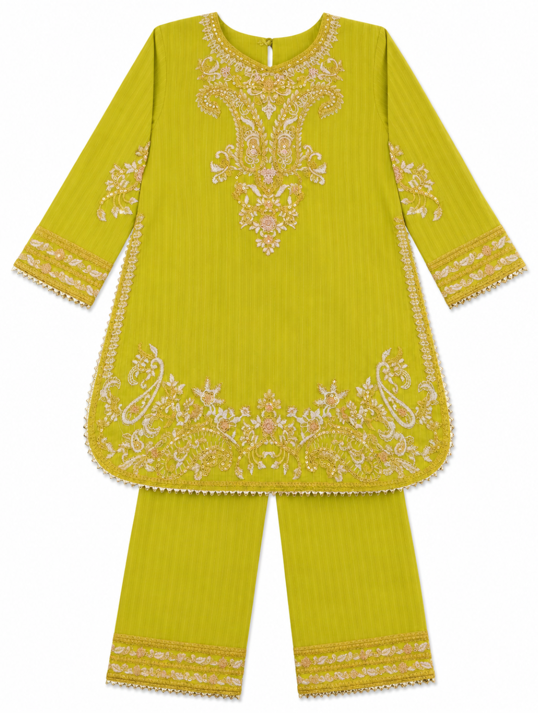 Girls Lime Green Embroidered Cotton Suit – 2 Piece