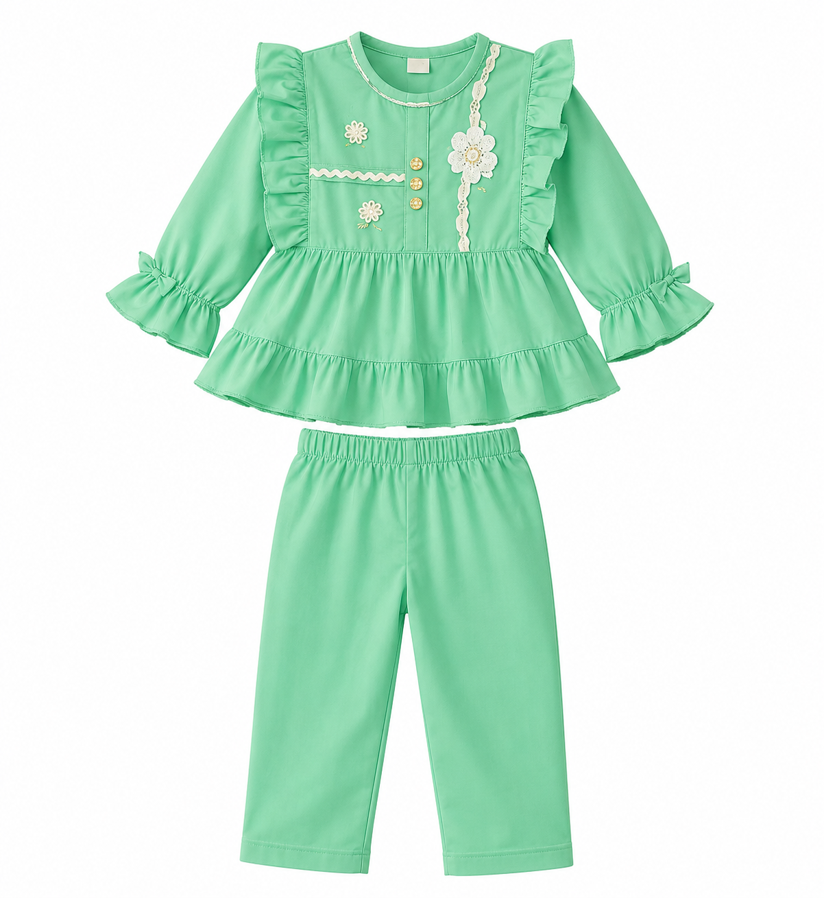 Mint green frock suit featuring delicate floral details and matching trousers