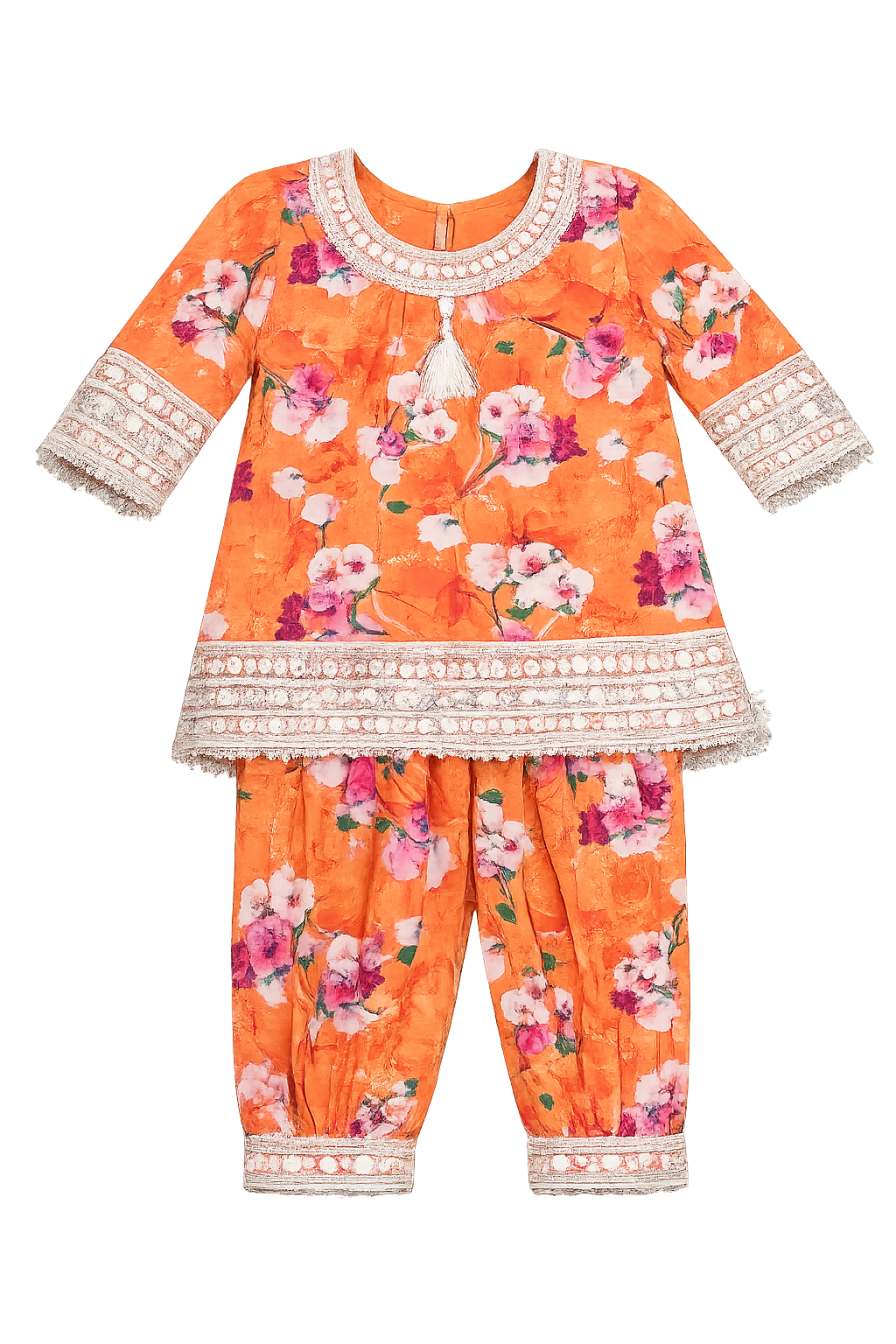 Girls Orange Floral Printed 2-Piece Suit