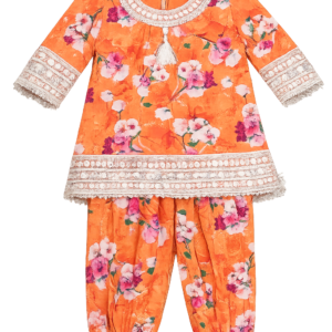 Kids Orange Floral Printed 2-Piece Suit