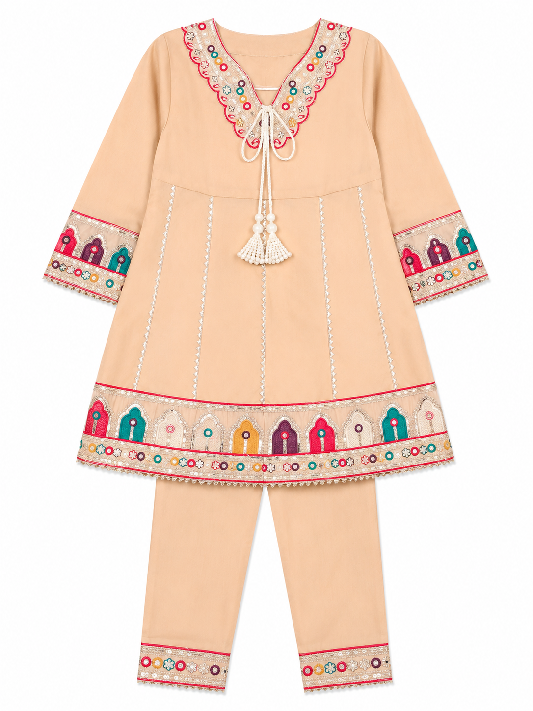 Kids Skin Beige Embroidered Traditional Frock & Trouser Set