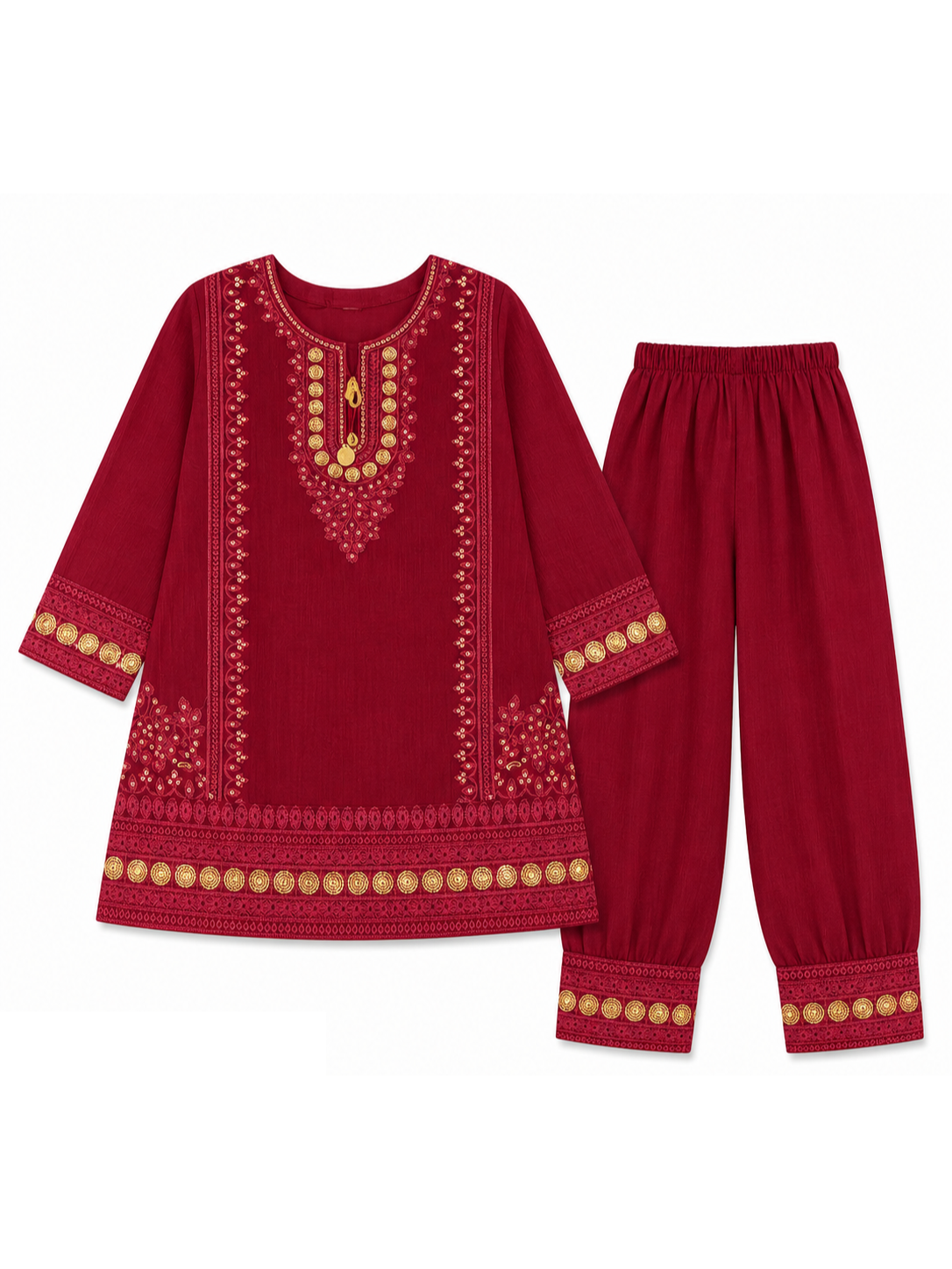 Kids Maroon Embroidered 2-Piece Cotton Suit