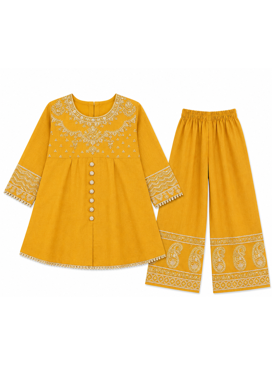 Kids Mustard Yellow Embroidered 2-Piece Suit