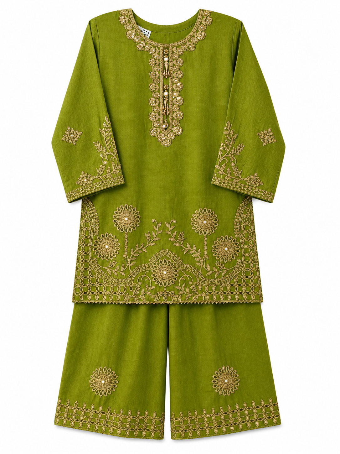 Olive Green Embroidered Kurti & Palazzo Set