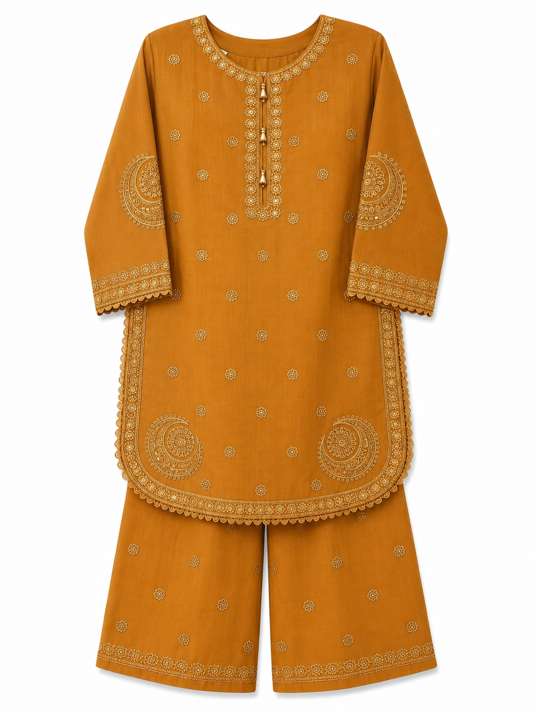 Mustard Brown Embroidered Kurti & Trouser Set