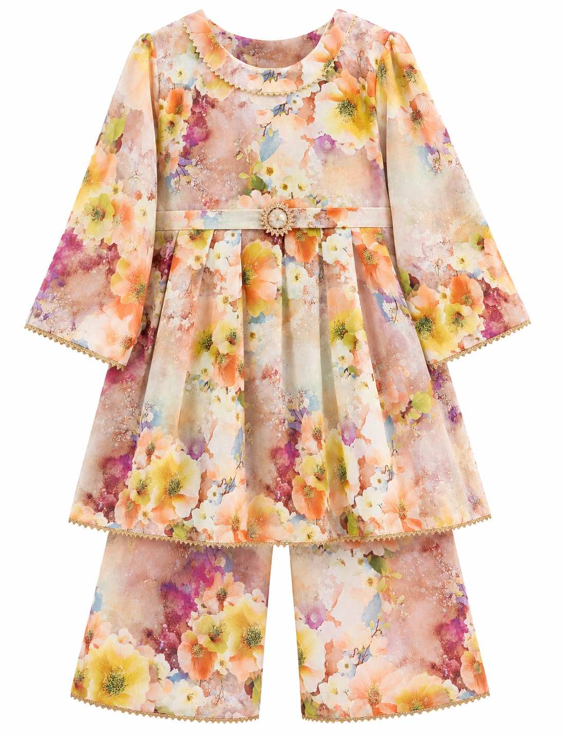 Peach Blossom Floral Girls Suit