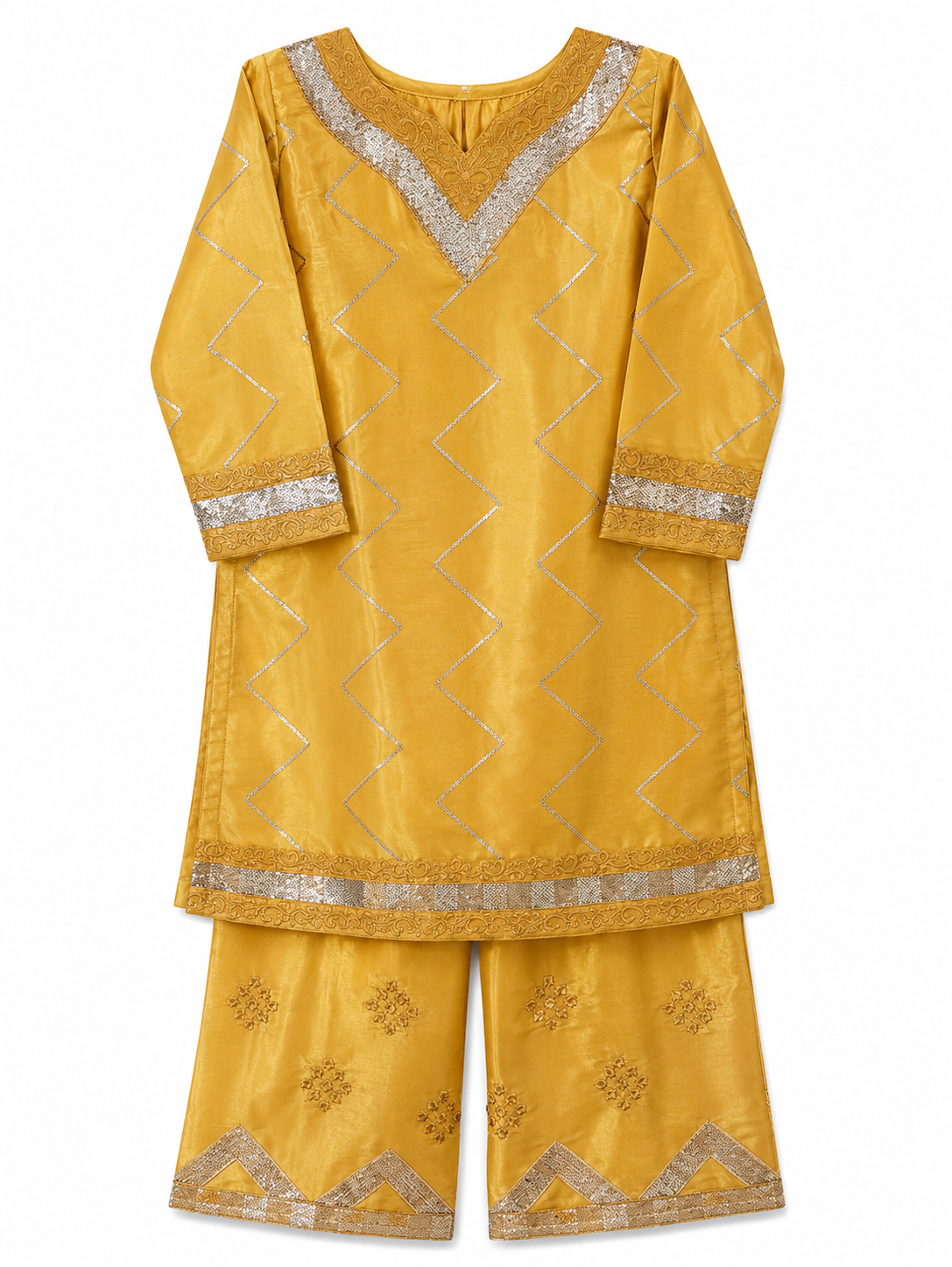 Mustard Gold Embroidered Kurti & Palazzo Set