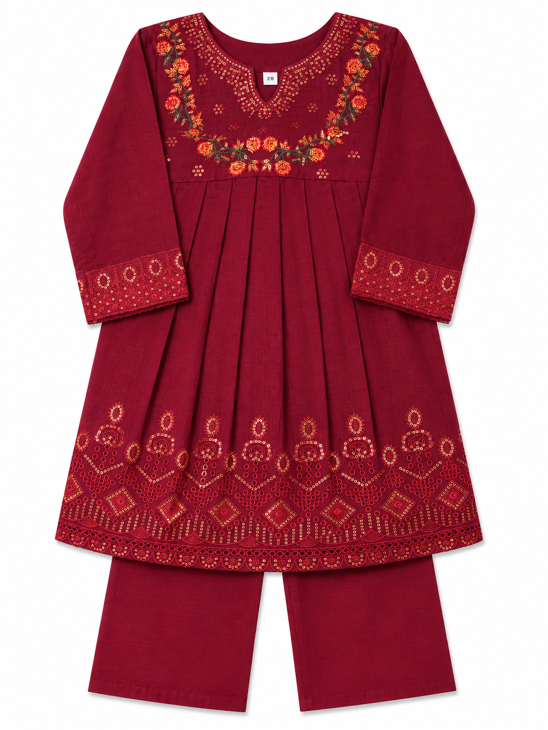 Maroon Floral Embroidered Kurti & Trouser Set