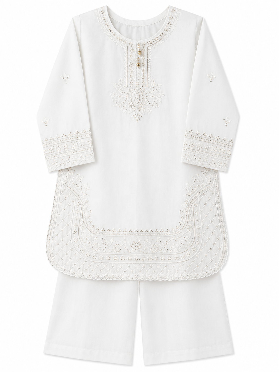 Elegant White Embroidered Girls 2-Piece