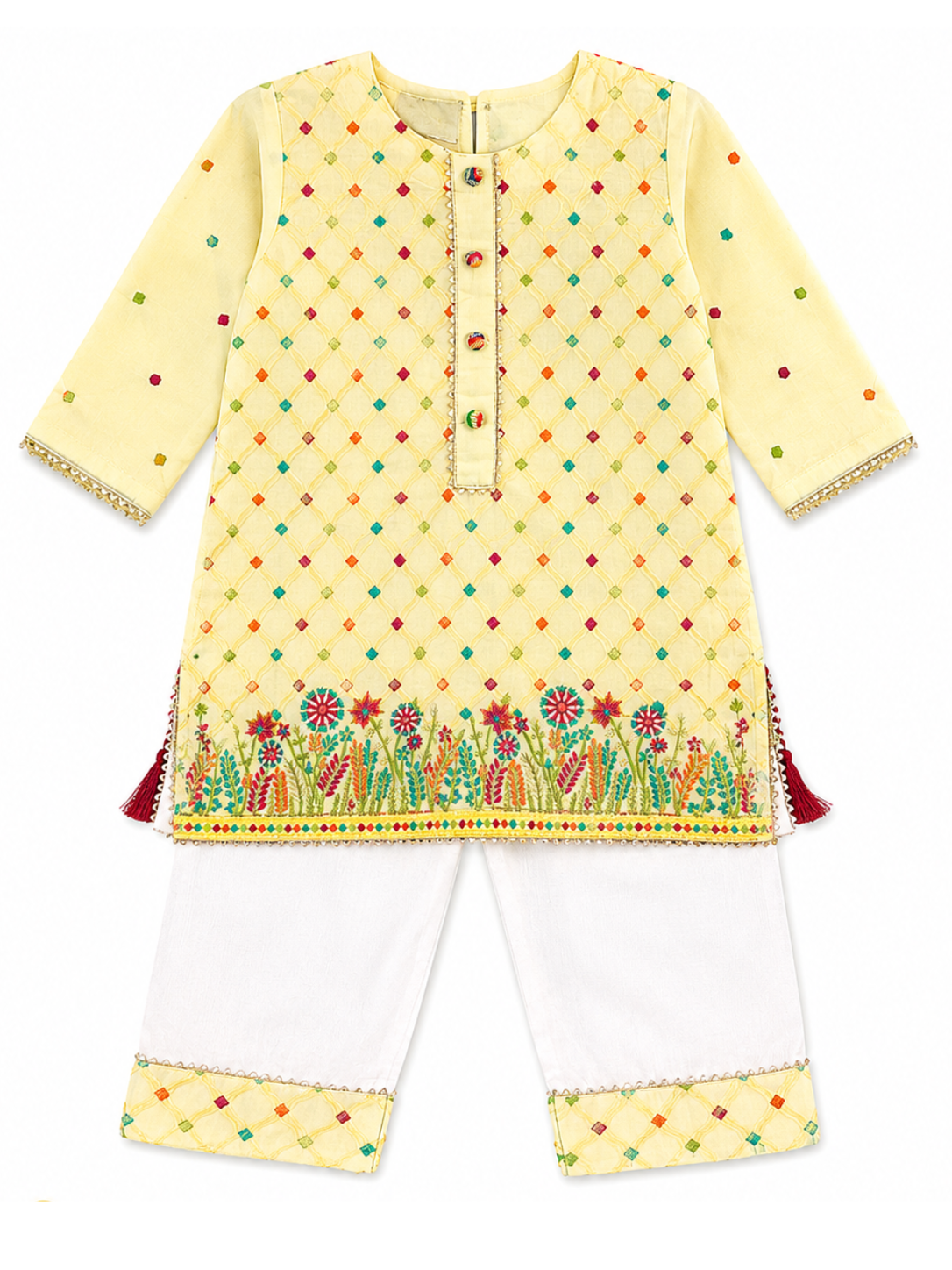 Kids Pastel Yellow Embroidered 2-Piece Suit