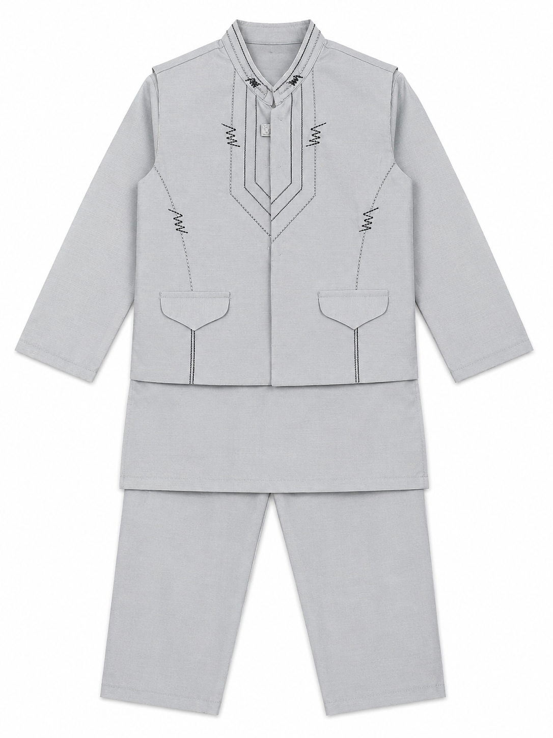 Boys Light Grey 3-Piece Shalwar Kameez with Waistcoat A stylish boys' 3-piece traditional outfit featuring a light grey kurta, matching plain trouser, and a coordinated sleeveless waistcoat with contrast stitching.